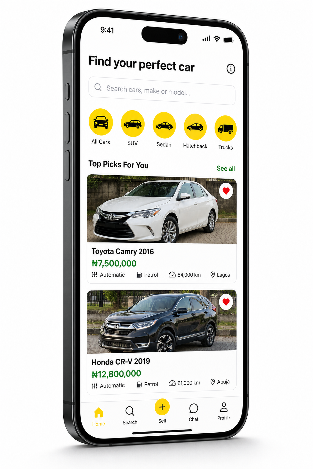 Vroom app homepage showing car listings in Naira
